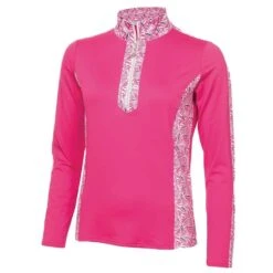 Green Lamb Ladies Kaz Long Sleeve Raglan Print Zip Neck Top Magenta Swirl  