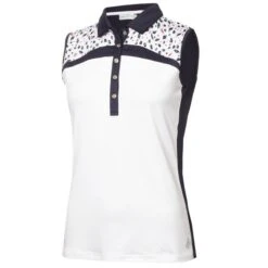 Women's Golf Fashion - Green Lamb 15 Green Lamb Mariah Placement Print Sleeveless Ladies Golf Polo Navy Â