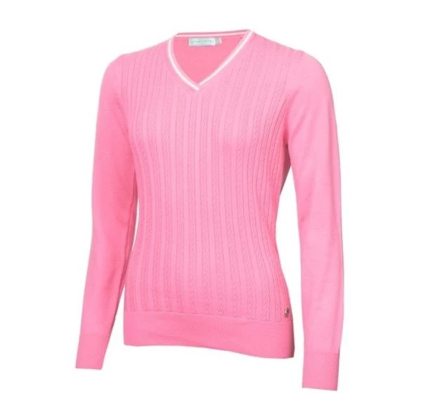 Green Lamb Madison Cable Ladies V-Neck Golf Sweater Candy 1 Green Lamb Madison Cable Ladies V-Neck Golf Sweater Candy