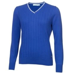 Green Lamb Madison Cable Ladies V-Neck Golf Sweater Cornflow  