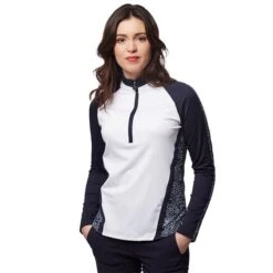 Ladies Kalista ½ Zip Printed Panel Top Navy - Crackle -Women's Golf Fashion - Green Lamb P AG20844GREENLAMBTOPNAVYCRACKLELADIES 2 L