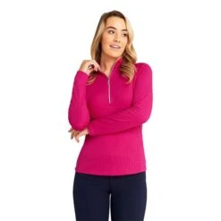 Ladies Gloria Waffle Zip Neck Top Cerise -Women's Golf Fashion - Green Lamb P AG21893GREENLAMBTOPCERISELADIES 4 L