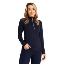 Ladies Gloria Waffle Zip Neck Top Navy -Women's Golf Fashion - Green Lamb P AG21893GREENLAMBTOPNAVYLADIES 2 L