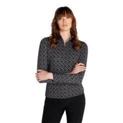 Ladies Kenza Zip Neck Jacquard Top Black -Women's Golf Fashion - Green Lamb P AG22943GREENLAMBTOPBLACKLADIES 2 L
