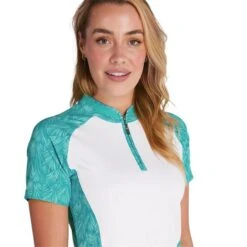 Emily Raglan Sleeve Print Polo Shirt White - Palm -Women's Golf Fashion - Green Lamb P SG21864GREENLAMBSHIRTWHITEPALMLADIES 3 L