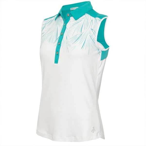 Ladies Enid Print Sleeveless Polo Shirt Palm - White 1 Ladies Enid Print Sleeveless Polo Shirt Palm - White