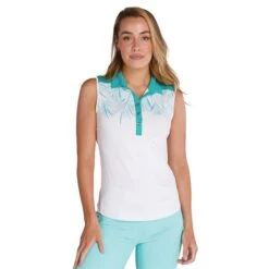 Ladies Enid Print Sleeveless Polo Shirt Palm - White 11 Ladies Enid Print Sleeveless Polo Shirt Palm - White -Women's Golf Fashion - Green Lamb P SG21866GREENLAMBSHIRTPALMWHITELADIES L