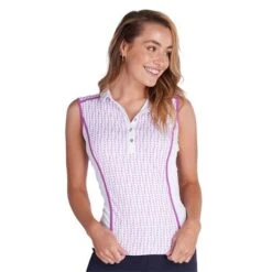 Ladies Erica Sleeveless Print Panels Polo Shirt Hexagon -Women's Golf Fashion - Green Lamb P SG21867GREENLAMBSHIRTHEXAGONLADIES L