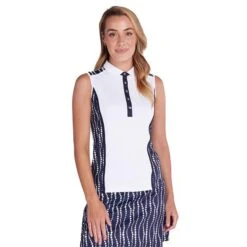Ladies Erica Sleeveless Print Panels Polo Shirt White - Mono