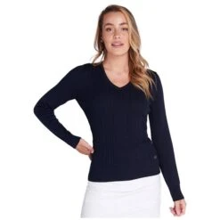 Ladies Gillian Slim Fit V-Neck Cable Sweater Navy 10 Ladies Gillian Slim Fit V-Neck Cable Sweater Navy -Women's Golf Fashion - Green Lamb P SG21872GREENLAMBSWEATERNAVYLADIES L