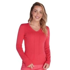 Ladies Gillian Slim Fit V-Neck Cable Sweater Strawberry -Women's Golf Fashion - Green Lamb P SG21872GREENLAMBSWEATERSTRAWBERRYLADIES L