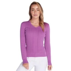 Ladies Gillian Slim Fit V-Neck Cable Sweater Violet -Women's Golf Fashion - Green Lamb P SG21872GREENLAMBSWEATERVIOLETLADIES L