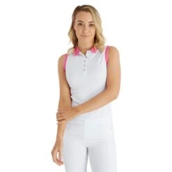 Ladies Kathleen Club Sleeveless Polo Shirt White - Lipstick -Women's Golf Fashion - Green Lamb P SG22917GREENLAMBSHIRTWHITELIPSTICKLADIES 2 L