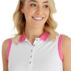 Ladies Kathleen Club Sleeveless Polo Shirt White - Lipstick -Women's Golf Fashion - Green Lamb P SG22917GREENLAMBSHIRTWHITELIPSTICKLADIES 5 L