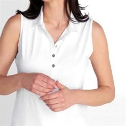 Ladies Kaydee Sleeveless Ripple Polo Shirt White -Women's Golf Fashion - Green Lamb P SG22925GREENLAMBSHIRTWHITELADIES 5 L