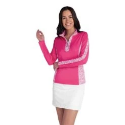 Ladies Kaz Long Sleeve Raglan Print Zip Neck Top Magenta Swirl -Women's Golf Fashion - Green Lamb P SG22927GREENLAMBTOPMAGENTASWIRLLADIES 2 L
