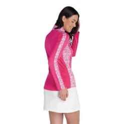 Ladies Kaz Long Sleeve Raglan Print Zip Neck Top Magenta Swirl -Women's Golf Fashion - Green Lamb P SG22927GREENLAMBTOPMAGENTASWIRLLADIES 3 L