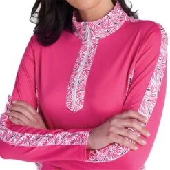 Ladies Kaz Long Sleeve Raglan Print Zip Neck Top Magenta Swirl -Women's Golf Fashion - Green Lamb P SG22927GREENLAMBTOPMAGENTASWIRLLADIES 5 L
