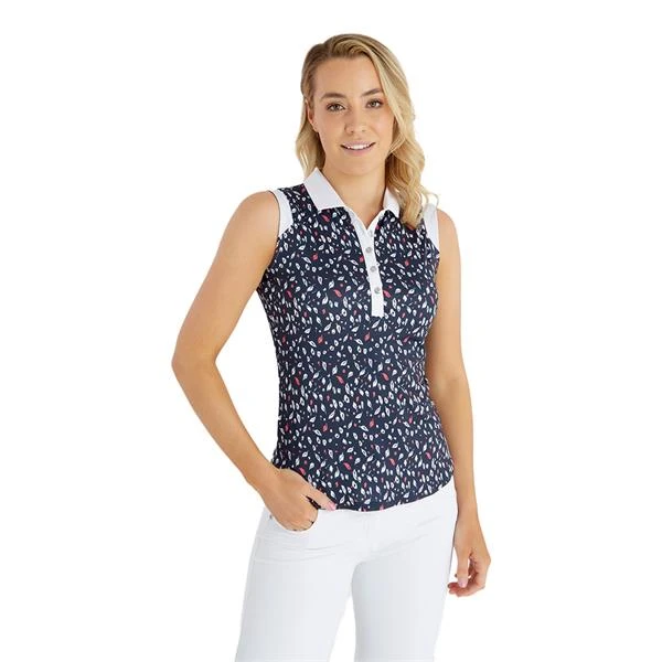 Ladies Marie Printed Sleeveless Polo Shirt Leaf Print 3 Ladies Marie Printed Sleeveless Polo Shirt Leaf Print - Image 3