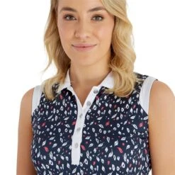 Ladies Marie Printed Sleeveless Polo Shirt Leaf Print 11 Ladies Marie Printed Sleeveless Polo Shirt Leaf Print -Women's Golf Fashion - Green Lamb P SG23963GREENLAMBSHIRTLEAFPRINTLADIES 5 L