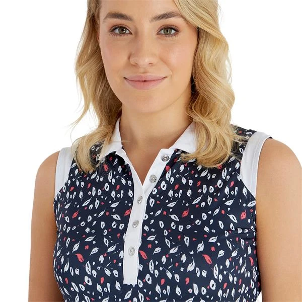 Ladies Marie Printed Sleeveless Polo Shirt Leaf Print 6 Ladies Marie Printed Sleeveless Polo Shirt Leaf Print - Image 6