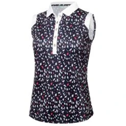 Ladies Marie Printed Sleeveless Polo Shirt Leaf Print