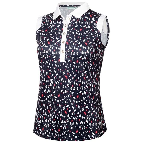Ladies Marie Printed Sleeveless Polo Shirt Leaf Print 1 Ladies Marie Printed Sleeveless Polo Shirt Leaf Print