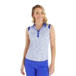 Ladies Marie Printed Sleeveless Polo Shirt Terrazo Print -Women's Golf Fashion - Green Lamb P SG23963GREENLAMBSHIRTTERRAZOPRINTLADIES 2 L