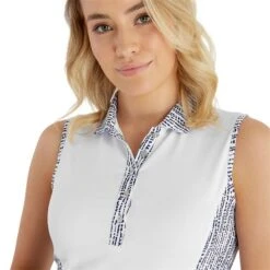 Ladies Mary Printed Sleeveless Polo Shirt White Waterfall -Women's Golf Fashion - Green Lamb P SG23964GREENLAMBSHIRTWHITEWATERFALLLADIES 5 L