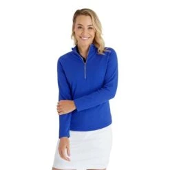 Ladies Molly Textured Zip Neck Top Cornflower -Women's Golf Fashion - Green Lamb P SG23969GREENLAMBTOPCORNFLOWERLADIES 2 L
