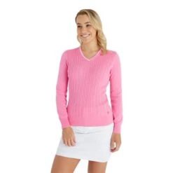 Ladies Madison Cable V-Neck Sweater Candy -Women's Golf Fashion - Green Lamb P SG23970GREENLAMBSWEATERCANDYLADIES 2 L