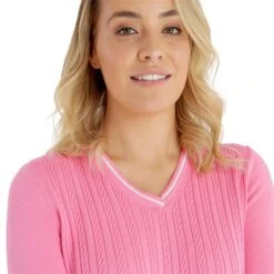 Ladies Madison Cable V-Neck Sweater Candy -Women's Golf Fashion - Green Lamb P SG23970GREENLAMBSWEATERCANDYLADIES 5 L