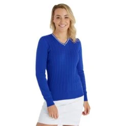 Ladies Madison Cable V-Neck Sweater Cornflower 8 Ladies Madison Cable V-Neck Sweater Cornflower -Women's Golf Fashion - Green Lamb P SG23970GREENLAMBSWEATERCORNFLOWERLADIES 2 L