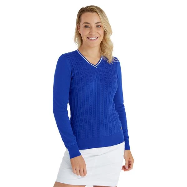 Ladies Madison Cable V-Neck Sweater Cornflower 3 Ladies Madison Cable V-Neck Sweater Cornflower - Image 3