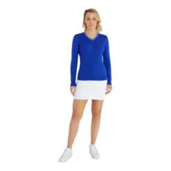 Ladies Madison Cable V-Neck Sweater Cornflower 10 Ladies Madison Cable V-Neck Sweater Cornflower -Women's Golf Fashion - Green Lamb P SG23970GREENLAMBSWEATERCORNFLOWERLADIES 4 L