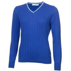 Ladies Madison Cable V-Neck Sweater Cornflower