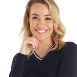 Ladies Madison Cable V-Neck Sweater Navy -Women's Golf Fashion - Green Lamb P SG23970GREENLAMBSWEATERNAVYLADIES 5 L