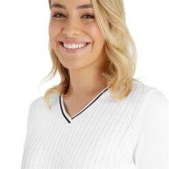Ladies Madison Cable V-Neck Sweater White -Women's Golf Fashion - Green Lamb P SG23970GREENLAMBSWEATERWHITELADIES 5 L